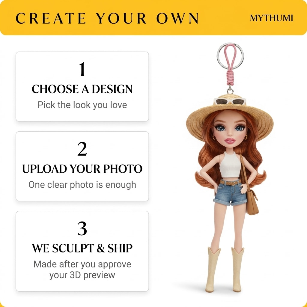 Illustration: three-step poster showing how to order a sun hat fashion doll keychain