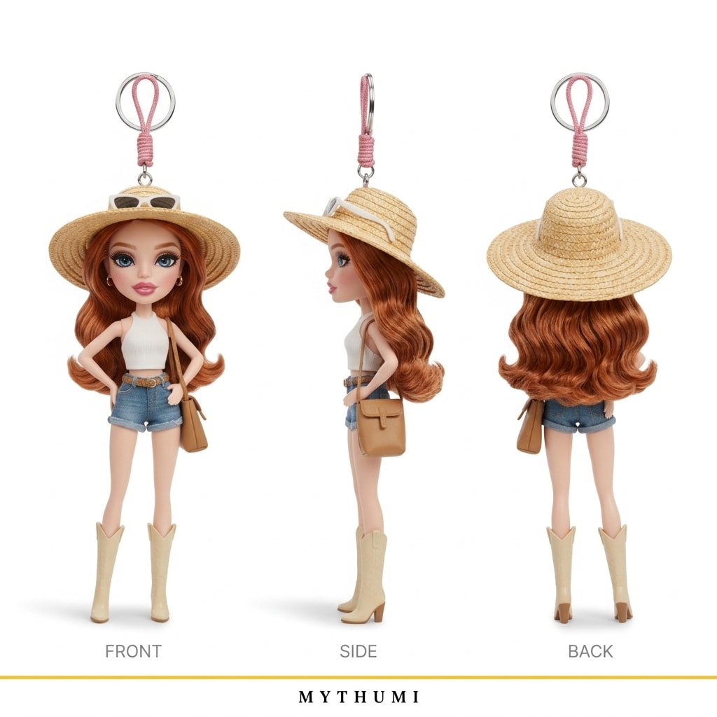 Illustration: front, side and back views of the sun hat fashion doll keychain