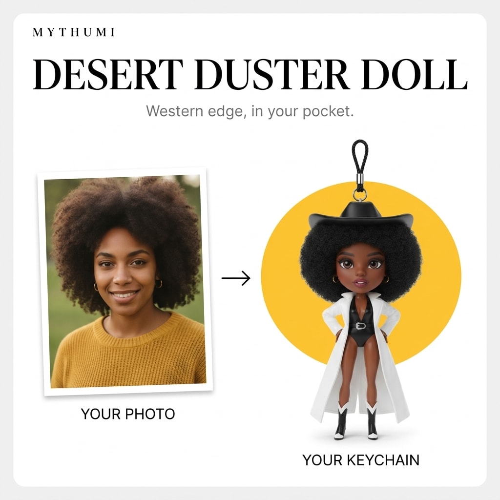 Illustration: before-and-after poster of a photo becoming a desert duster fashion doll keychain