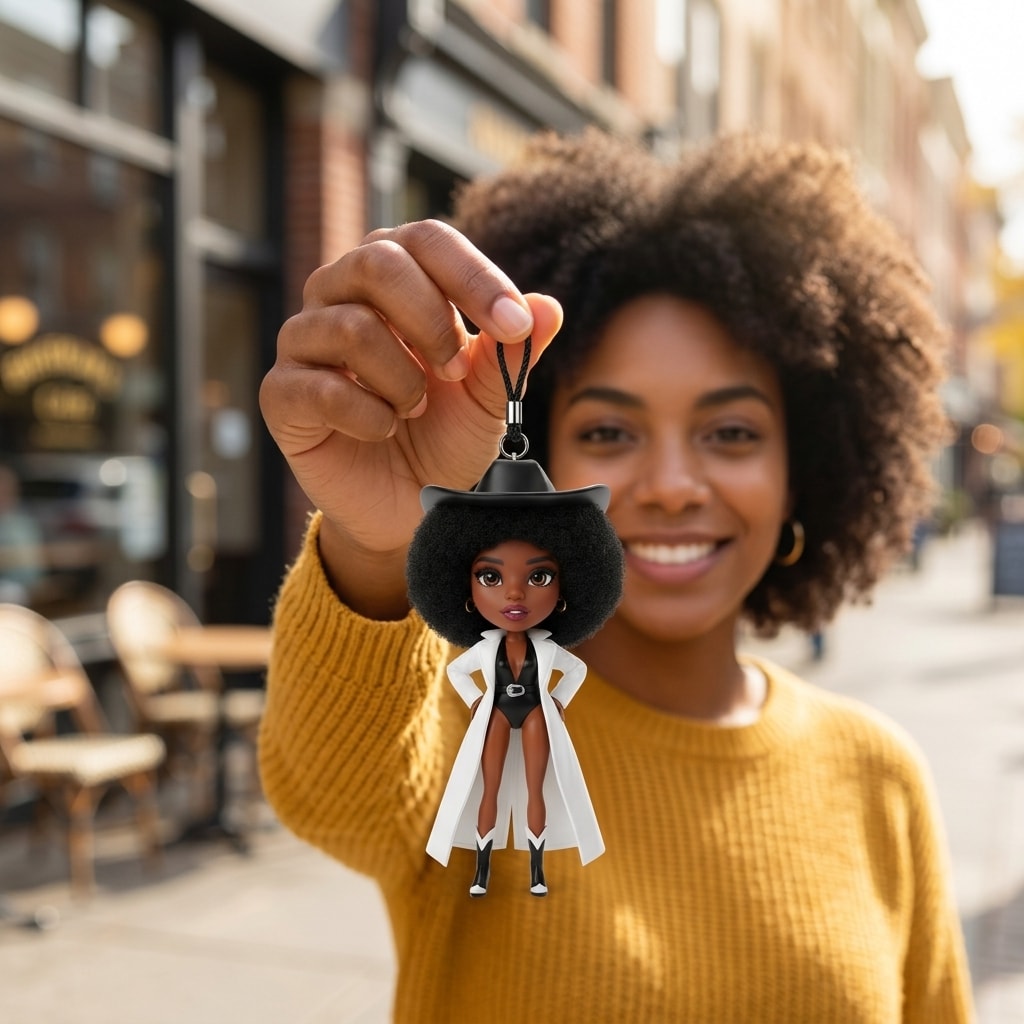 Illustration: a person holding up their desert duster fashion doll keychain by its cord