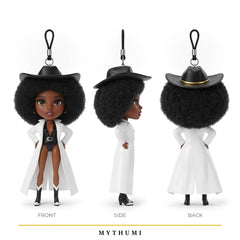 Illustration: front, side and back views of the desert duster fashion doll keychain