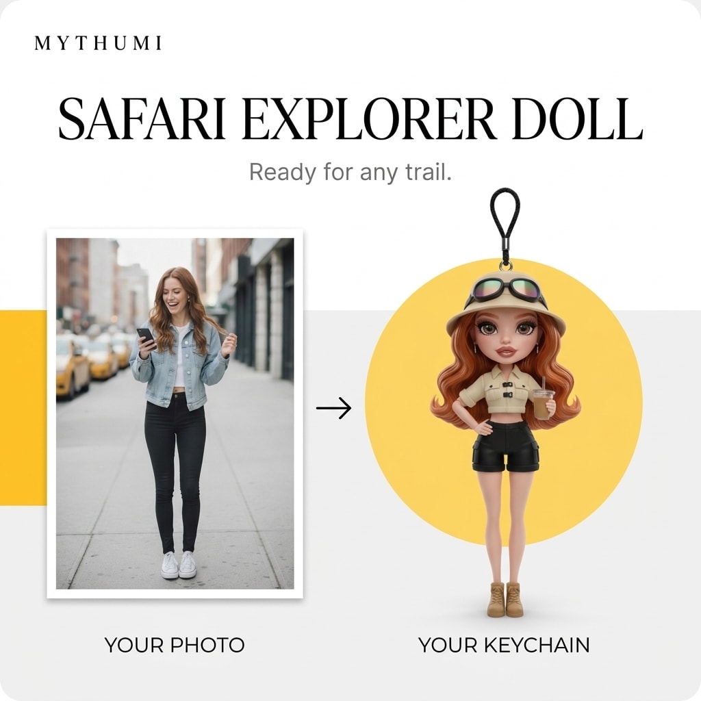 Illustration: before-and-after poster of a photo becoming a safari explorer fashion doll keychain