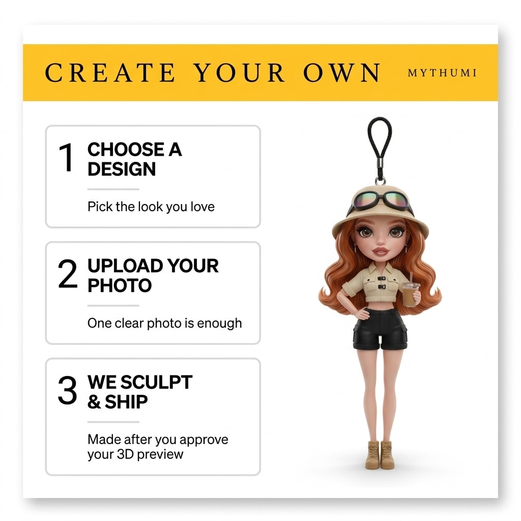 Illustration: three-step poster showing how to order a safari explorer fashion doll keychain