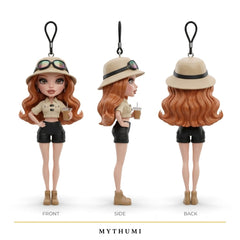 Illustration: front, side and back views of the safari explorer fashion doll keychain
