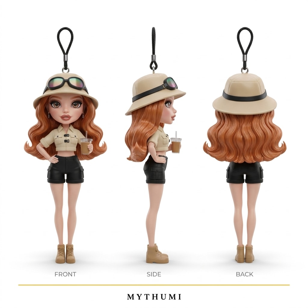 Illustration: front, side and back views of the safari explorer fashion doll keychain