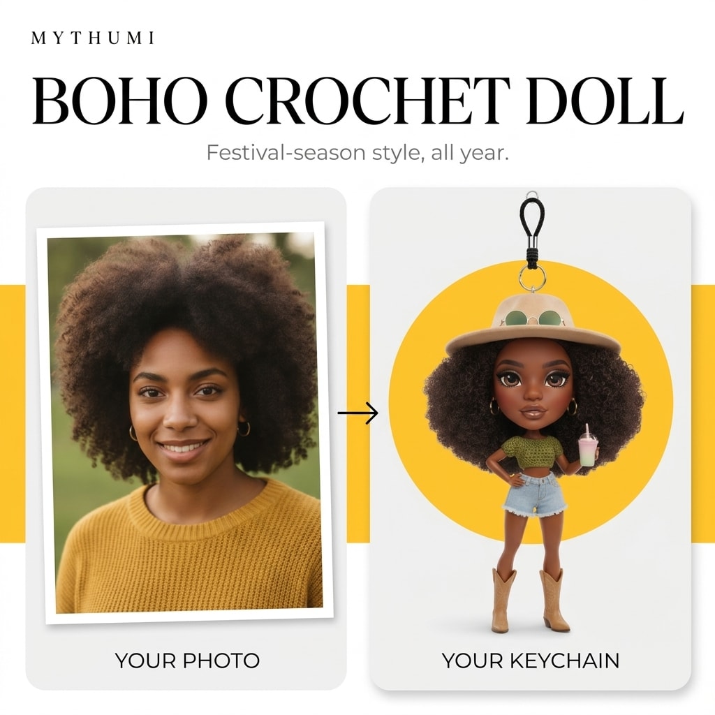Illustration: before-and-after poster of a photo becoming a boho crochet fashion doll keychain