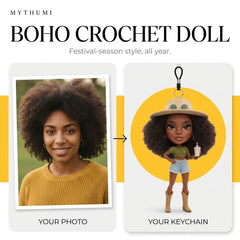 Illustration: before-and-after poster of a photo becoming a boho crochet fashion doll keychain