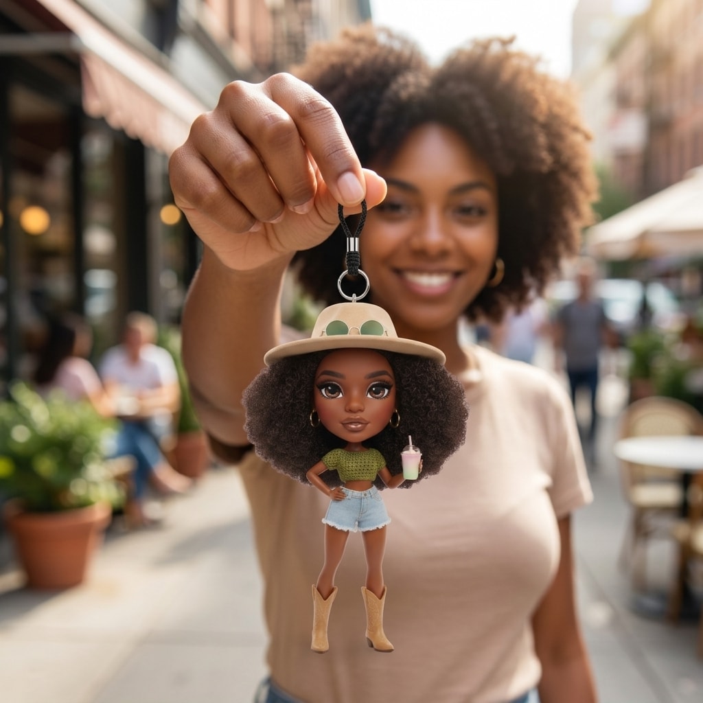 Illustration: a person holding up their boho crochet fashion doll keychain by its cord