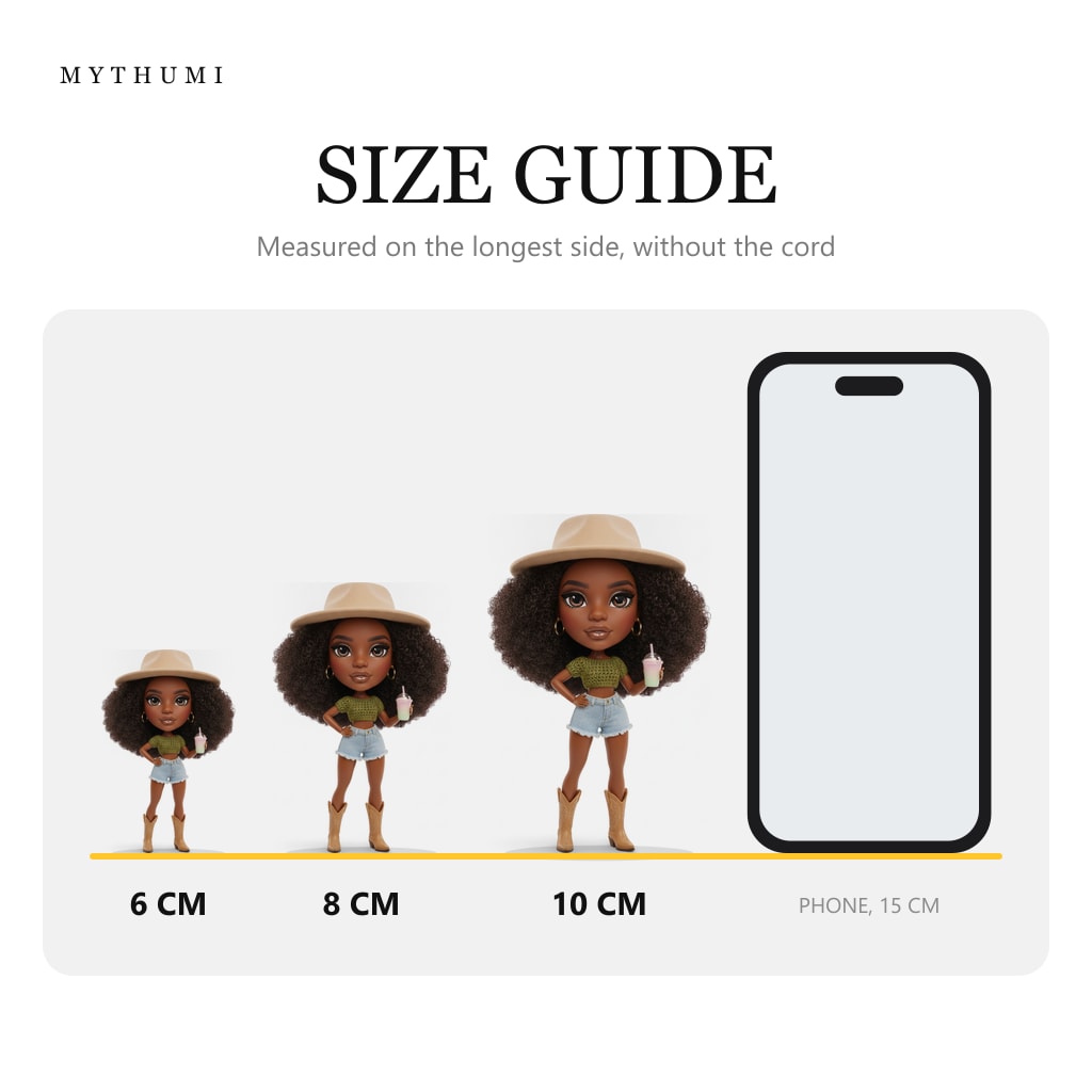 Illustration: size guide showing the boho crochet fashion doll keychain at 6, 8 and 10 cm next to a phone