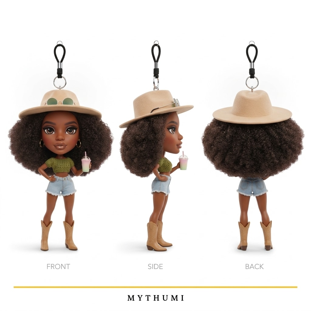 Illustration: front, side and back views of the boho crochet fashion doll keychain