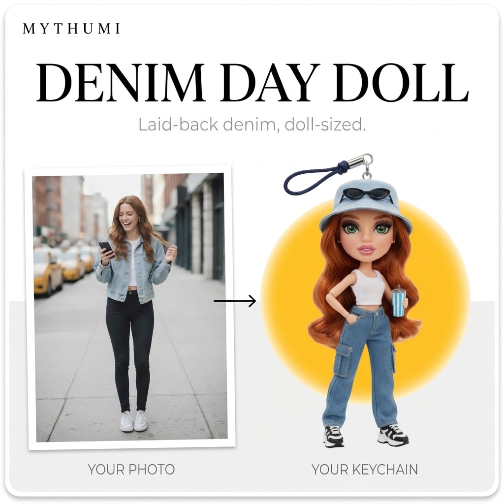 Illustration: before-and-after poster of a photo becoming a denim day fashion doll keychain