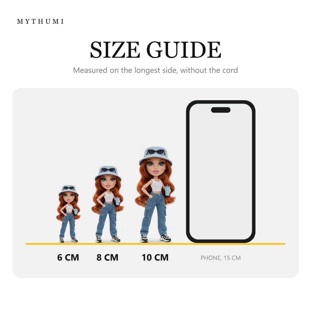 Illustration: size guide showing the denim day fashion doll keychain at 6, 8 and 10 cm next to a phone