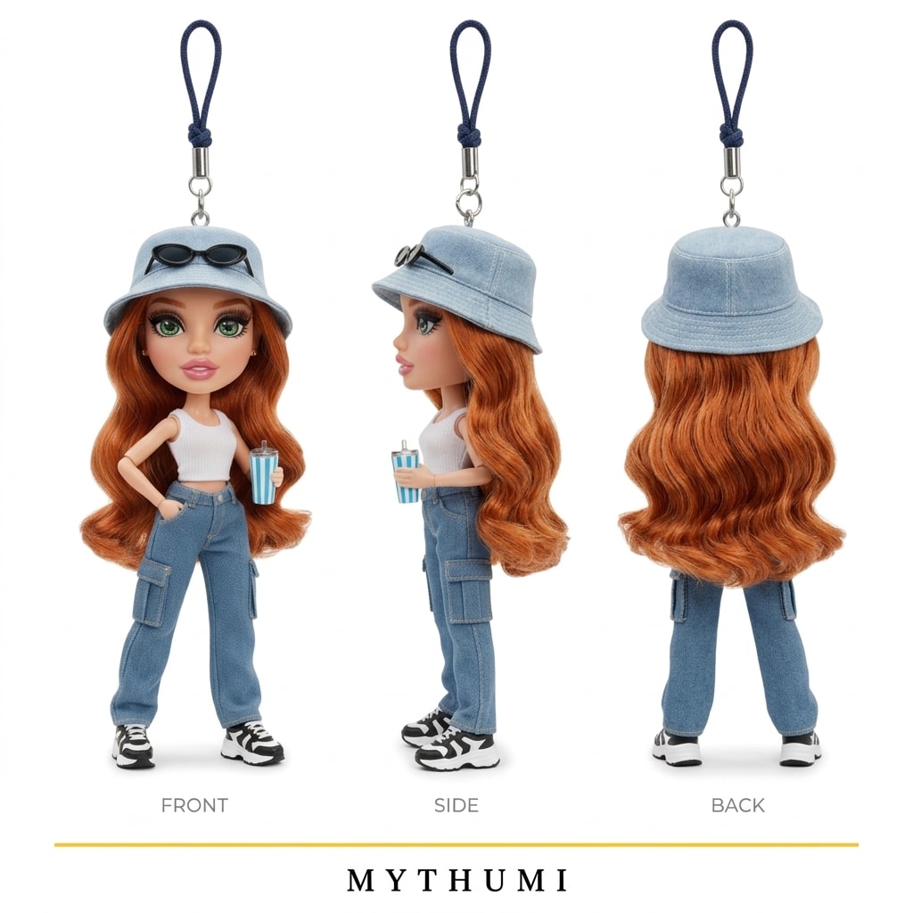 Illustration: front, side and back views of the denim day fashion doll keychain