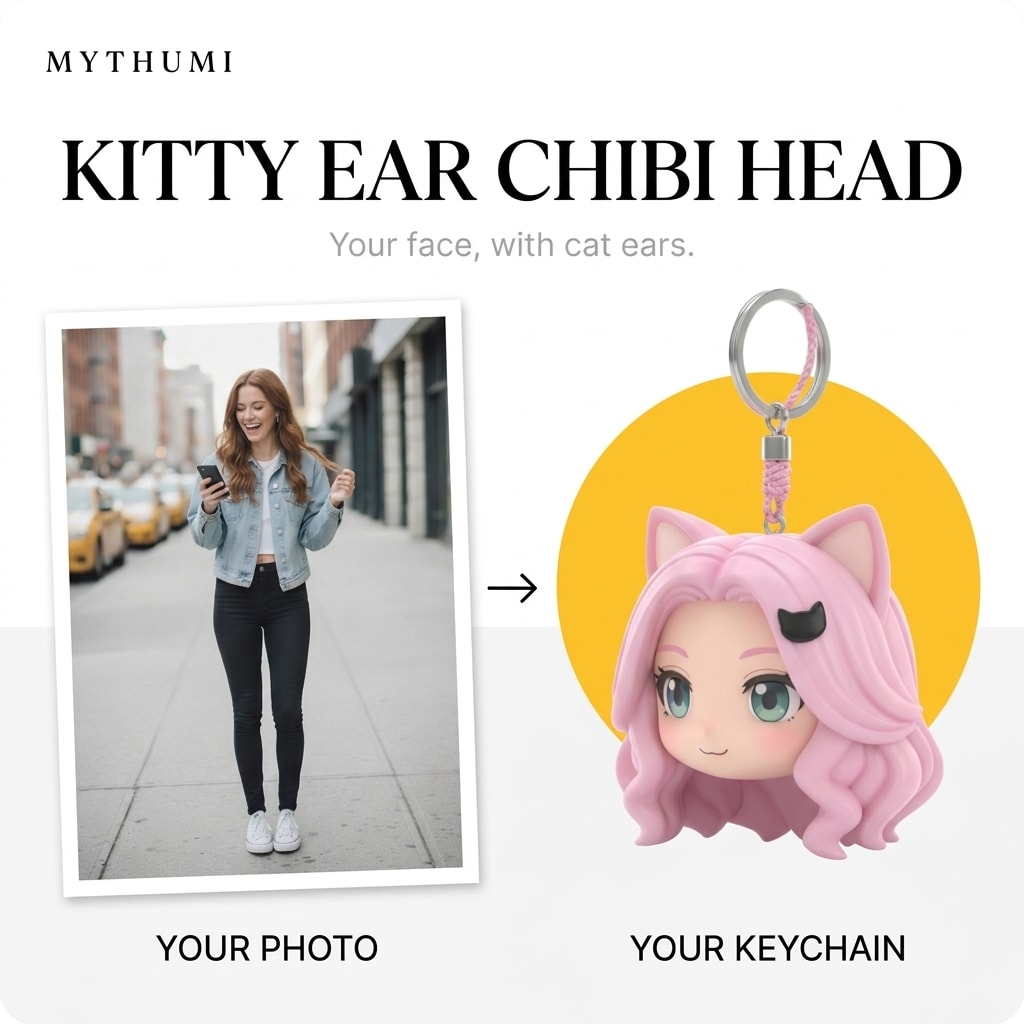 Illustration: before-and-after poster of a photo becoming a kitty ear chibi head keychain