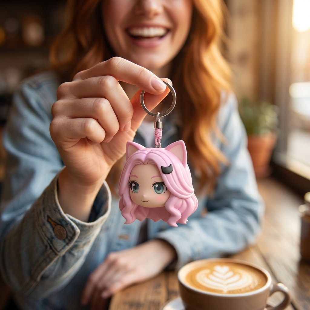 Illustration: a person holding up their kitty ear chibi head keychain by its cord
