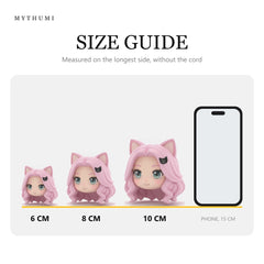 Illustration: size guide showing the kitty ear chibi head keychain at 6, 8 and 10 cm next to a phone