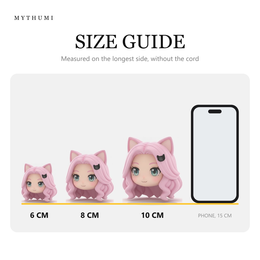 Illustration: size guide showing the kitty ear chibi head keychain at 6, 8 and 10 cm next to a phone