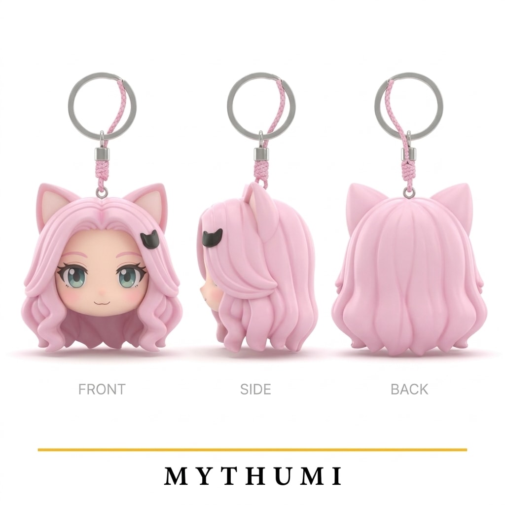 Illustration: front, side and back views of the kitty ear chibi head keychain