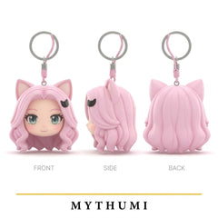 Illustration: front, side and back views of the kitty ear chibi head keychain