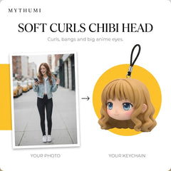 Illustration: before-and-after poster of a photo becoming a soft curls chibi head keychain