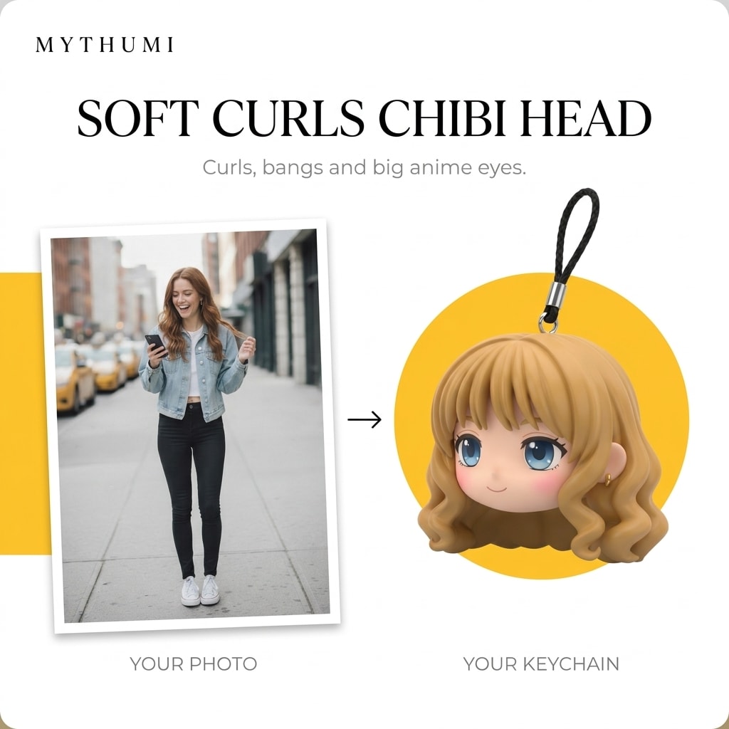 Illustration: before-and-after poster of a photo becoming a soft curls chibi head keychain