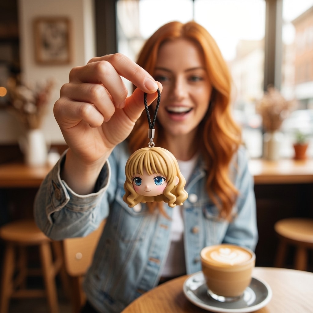 Illustration: a person holding up their soft curls chibi head keychain by its cord