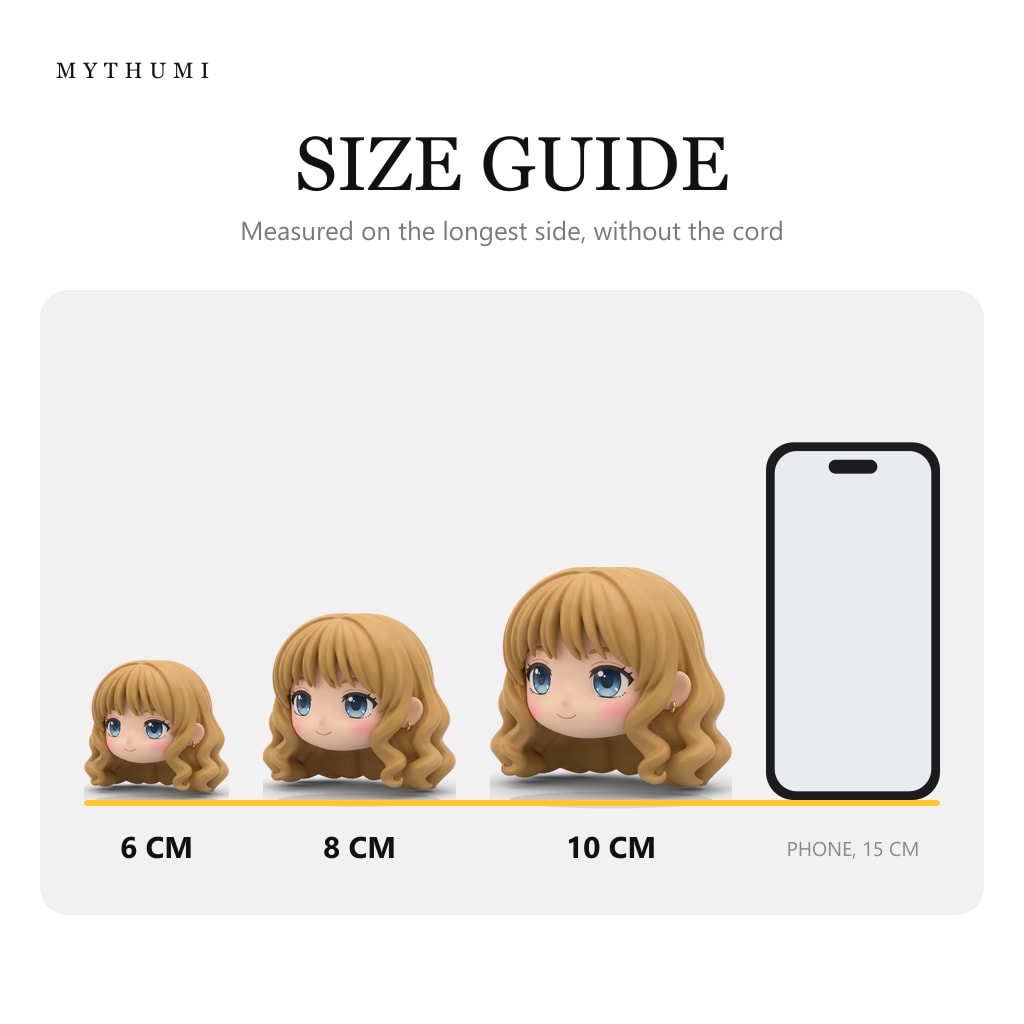 Illustration: size guide showing the soft curls chibi head keychain at 6, 8 and 10 cm next to a phone