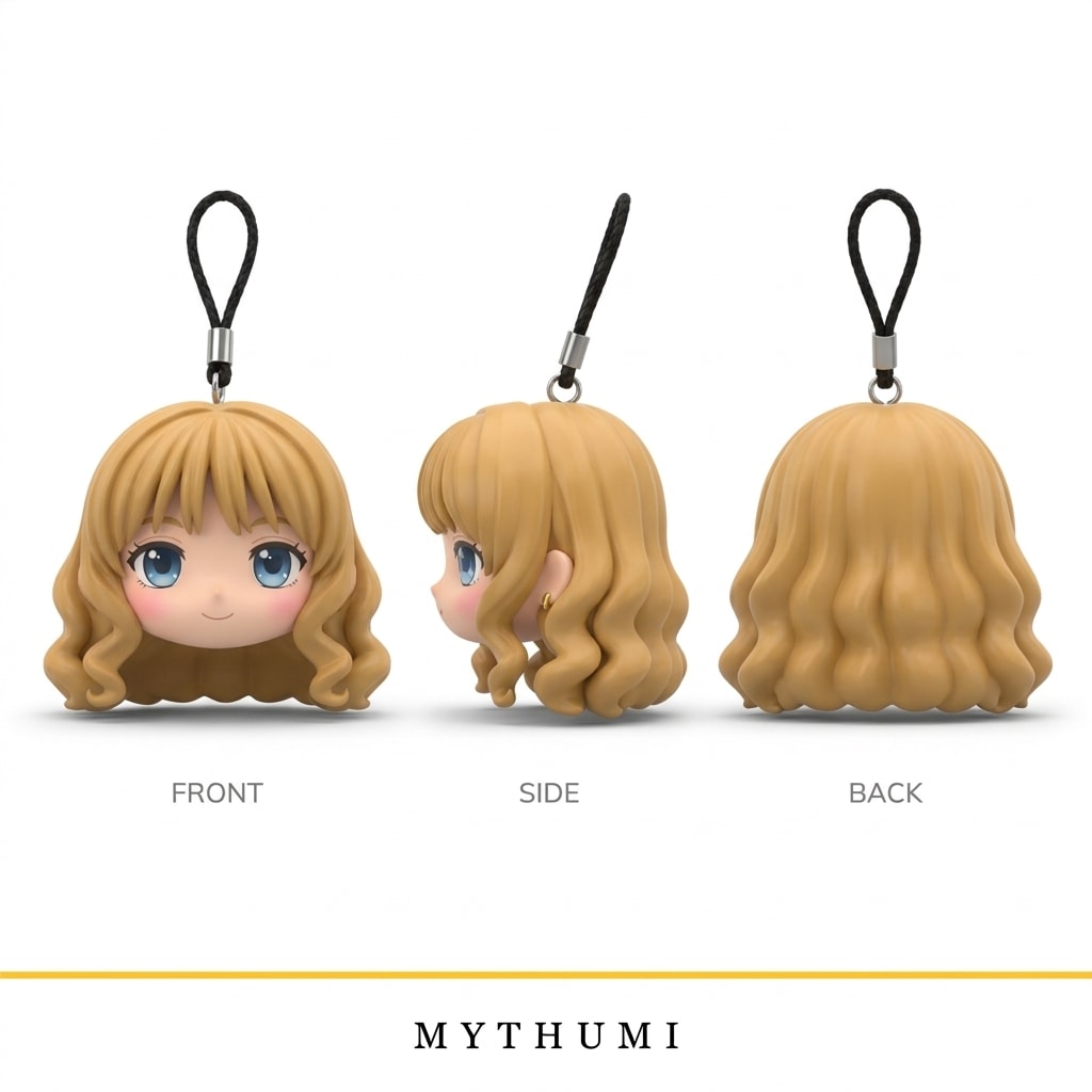 Illustration: front, side and back views of the soft curls chibi head keychain