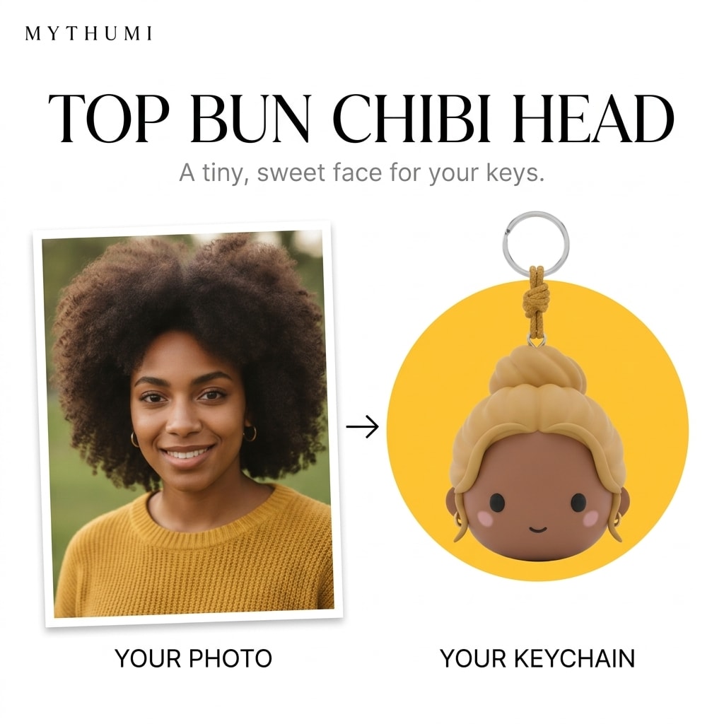 Illustration: before-and-after poster of a photo becoming a top bun soft chibi head keychain