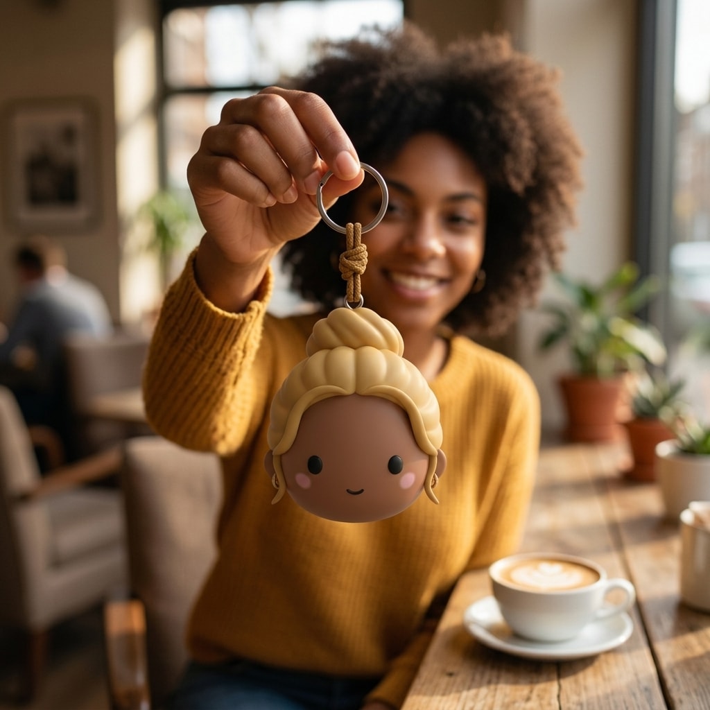 Illustration: a person holding up their top bun soft chibi head keychain by its cord