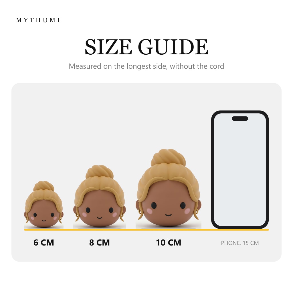 Illustration: size guide showing the top bun soft chibi head keychain at 6, 8 and 10 cm next to a phone