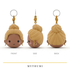 Illustration: front, side and back views of the top bun soft chibi head keychain