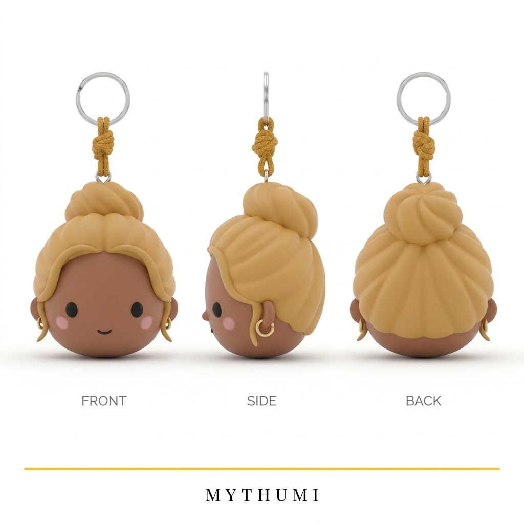 Illustration: front, side and back views of the top bun soft chibi head keychain