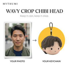 Illustration: before-and-after poster of a photo becoming a wavy crop soft chibi head keychain