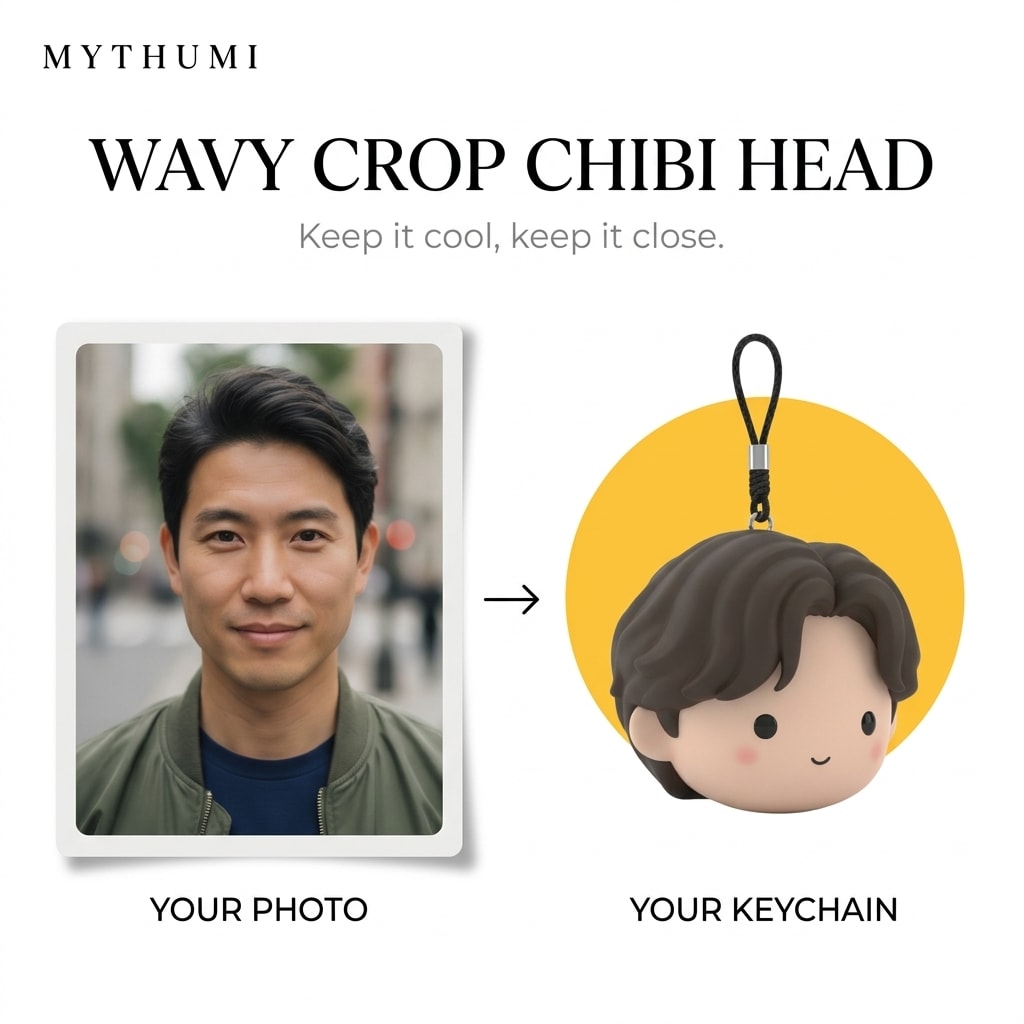 Illustration: before-and-after poster of a photo becoming a wavy crop soft chibi head keychain