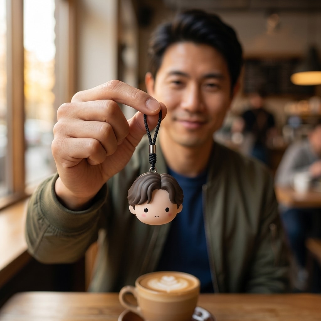 Illustration: a person holding up their wavy crop soft chibi head keychain by its cord