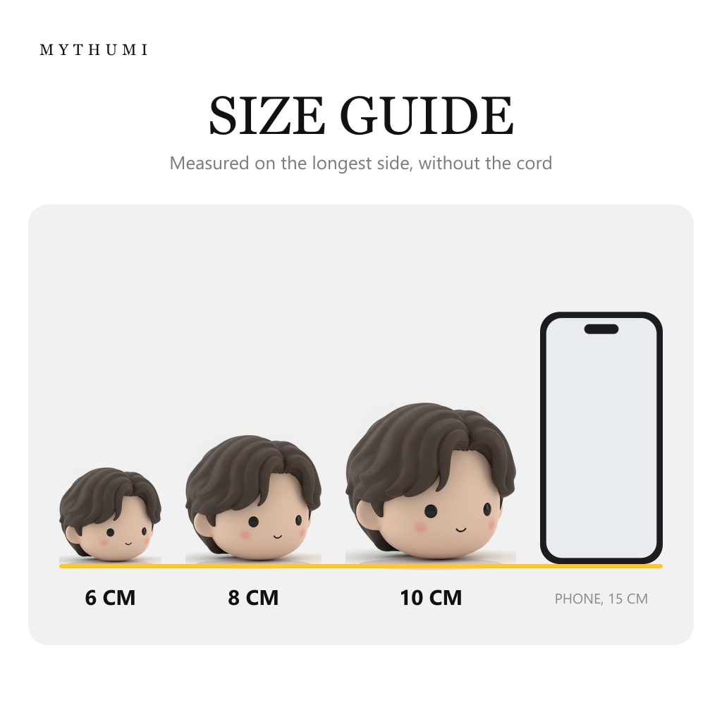 Illustration: size guide showing the wavy crop soft chibi head keychain at 6, 8 and 10 cm next to a phone