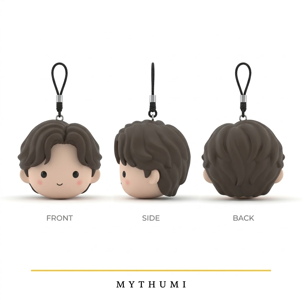 Illustration: front, side and back views of the wavy crop soft chibi head keychain