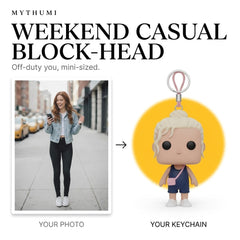 Illustration: before-and-after poster of a photo becoming a weekend casual block-head keychain