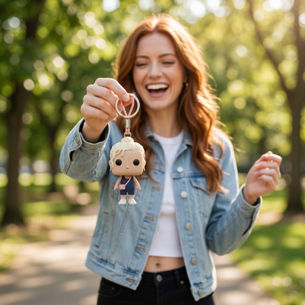 Illustration: a person holding up their weekend casual block-head keychain by its cord