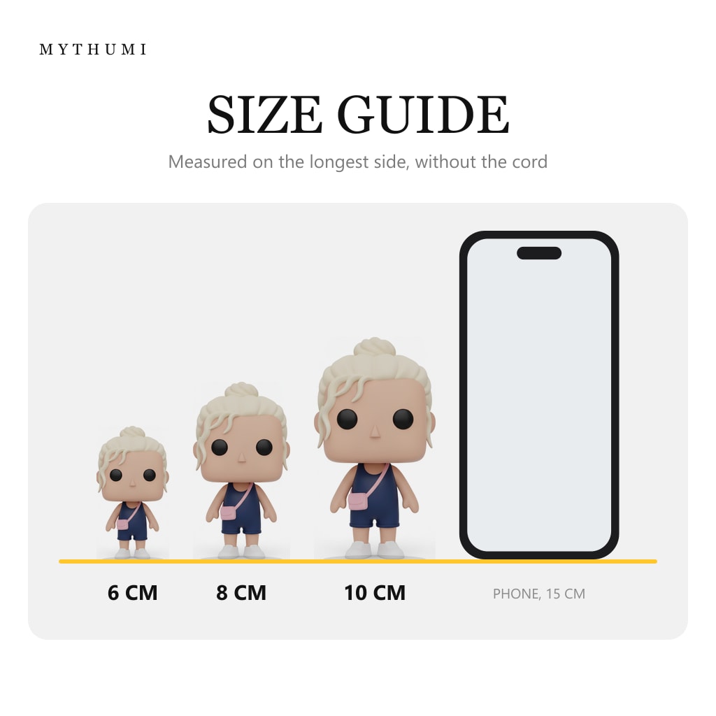 Illustration: size guide showing the weekend casual block-head keychain at 6, 8 and 10 cm next to a phone