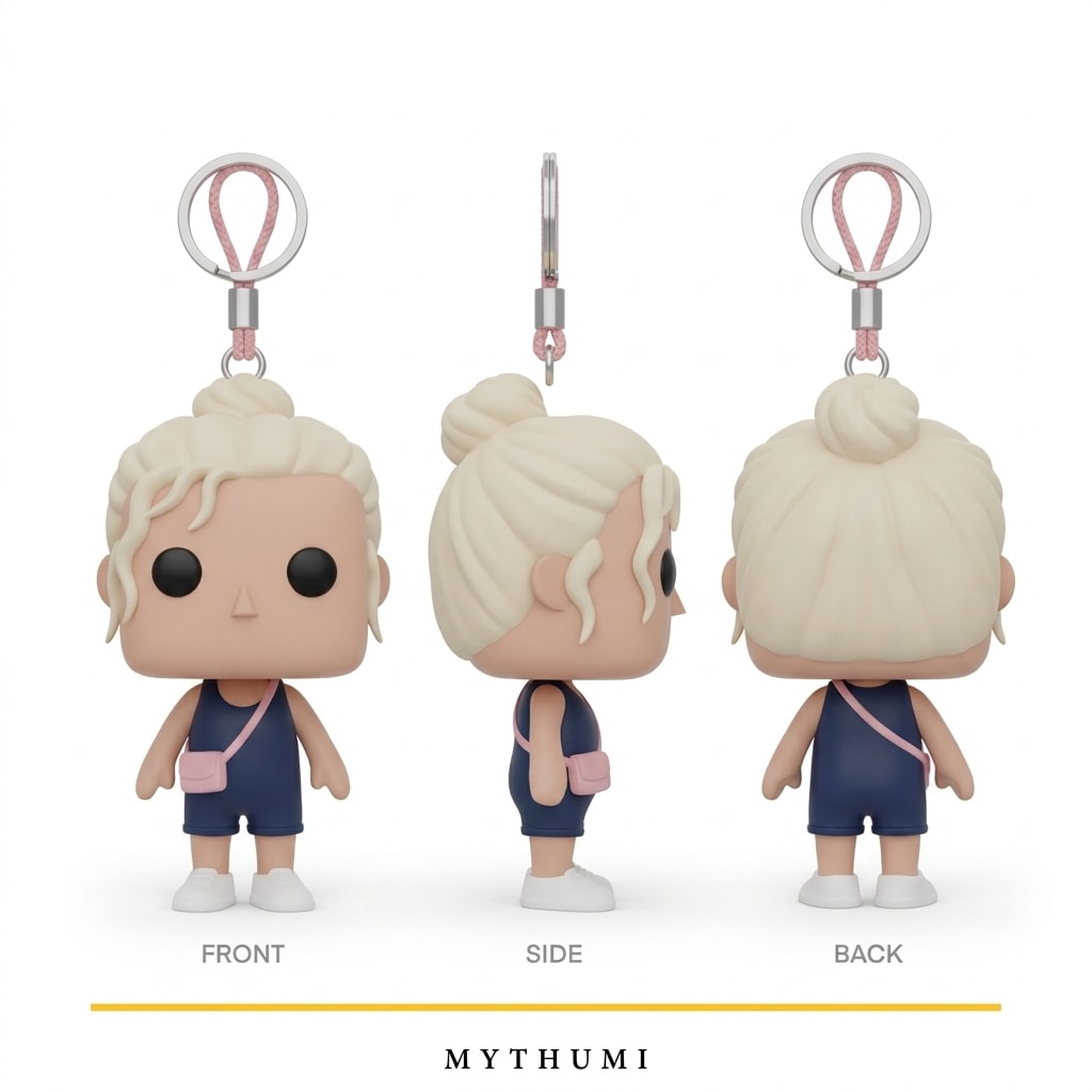 Illustration: front, side and back views of the weekend casual block-head keychain