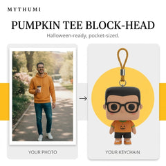 Illustration: before-and-after poster of a photo becoming a pumpkin tee block-head keychain