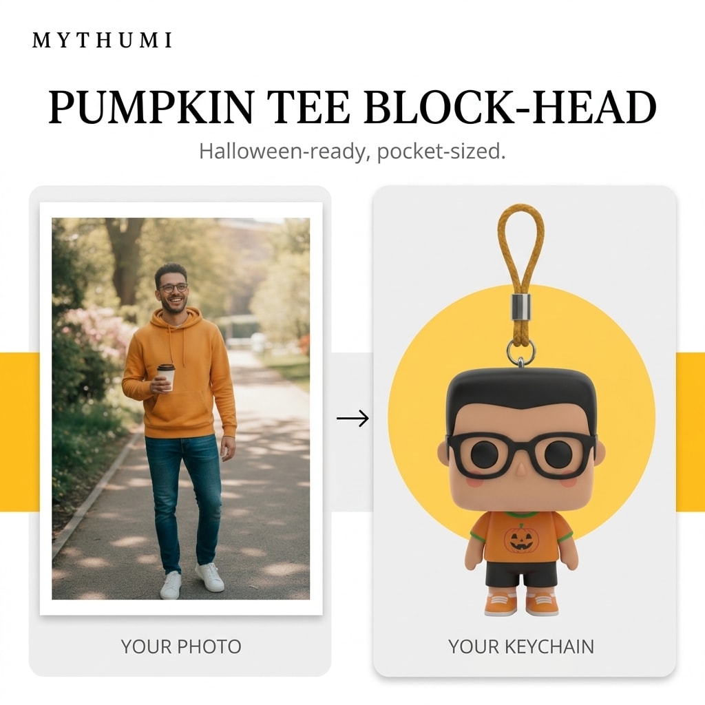 Illustration: before-and-after poster of a photo becoming a pumpkin tee block-head keychain