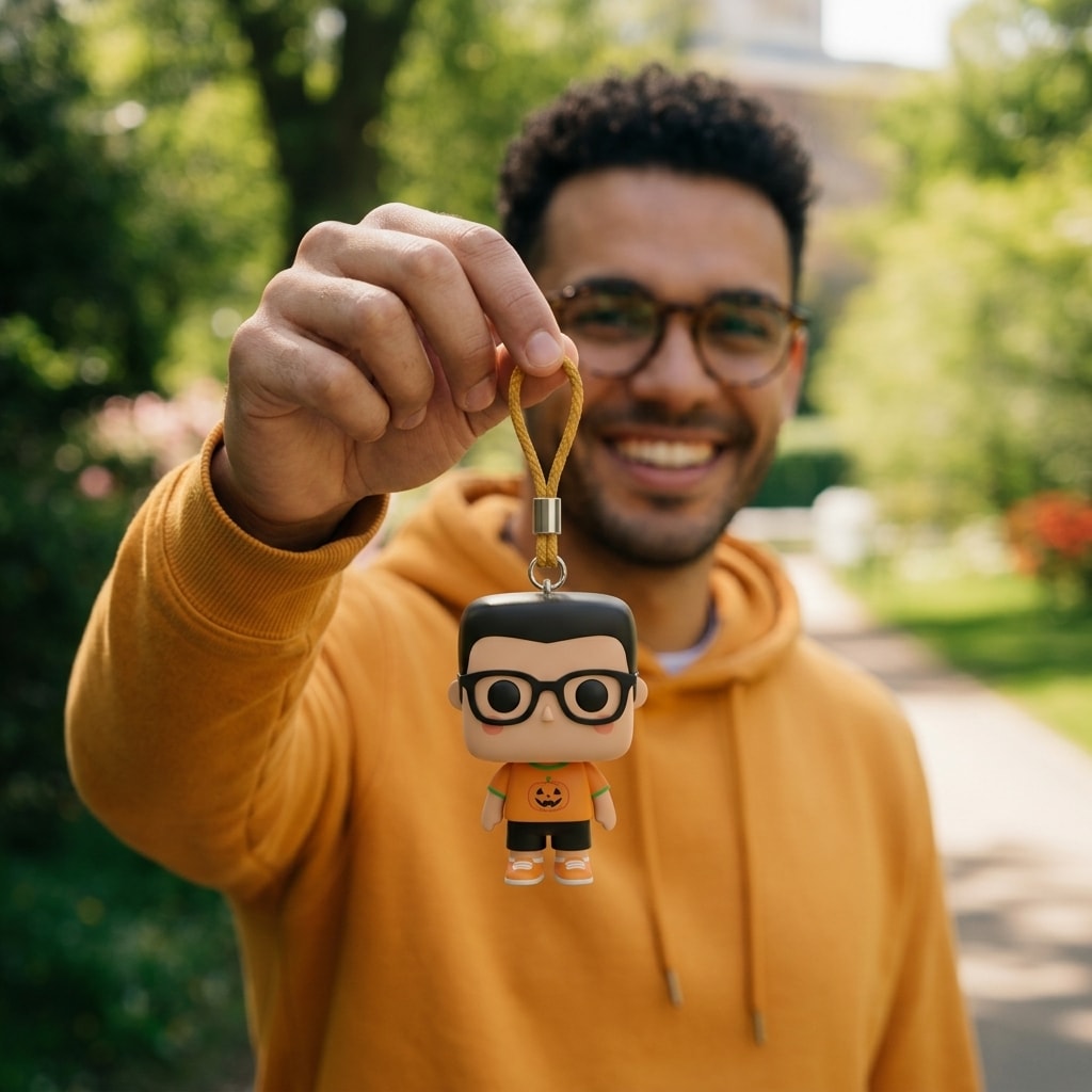 Illustration: a person holding up their pumpkin tee block-head keychain by its cord