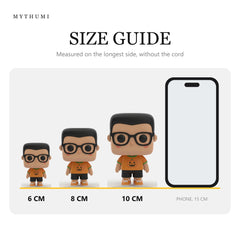 Illustration: size guide showing the pumpkin tee block-head keychain at 6, 8 and 10 cm next to a phone