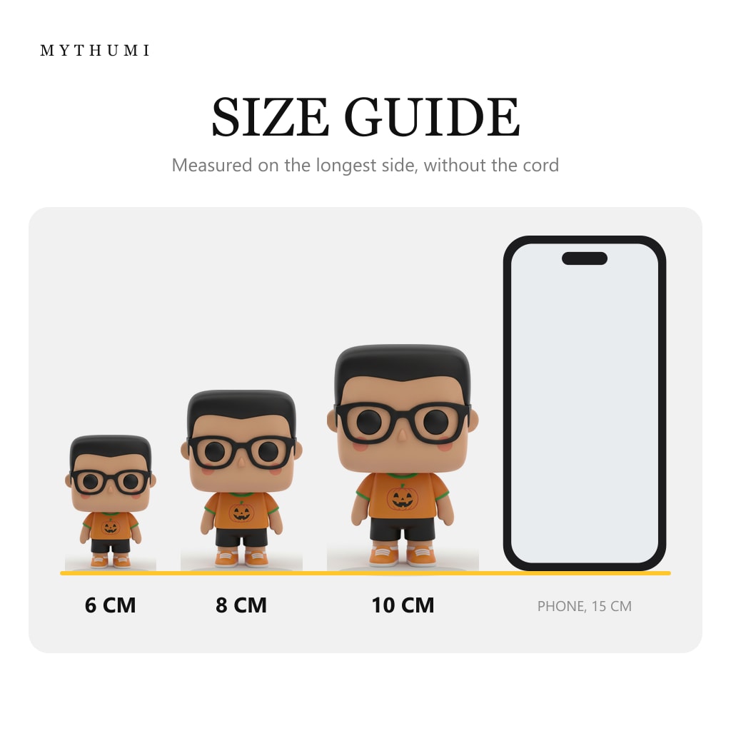 Illustration: size guide showing the pumpkin tee block-head keychain at 6, 8 and 10 cm next to a phone