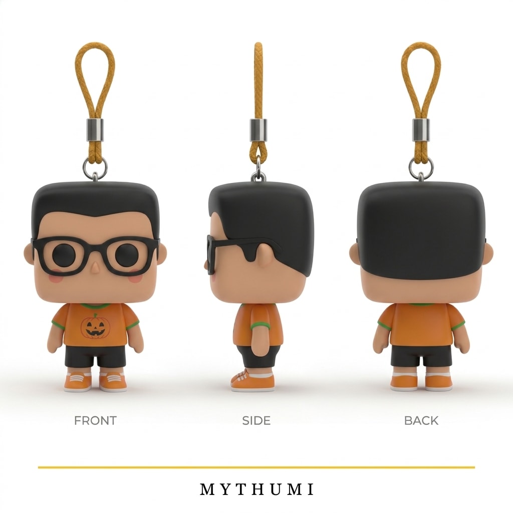 Illustration: front, side and back views of the pumpkin tee block-head keychain