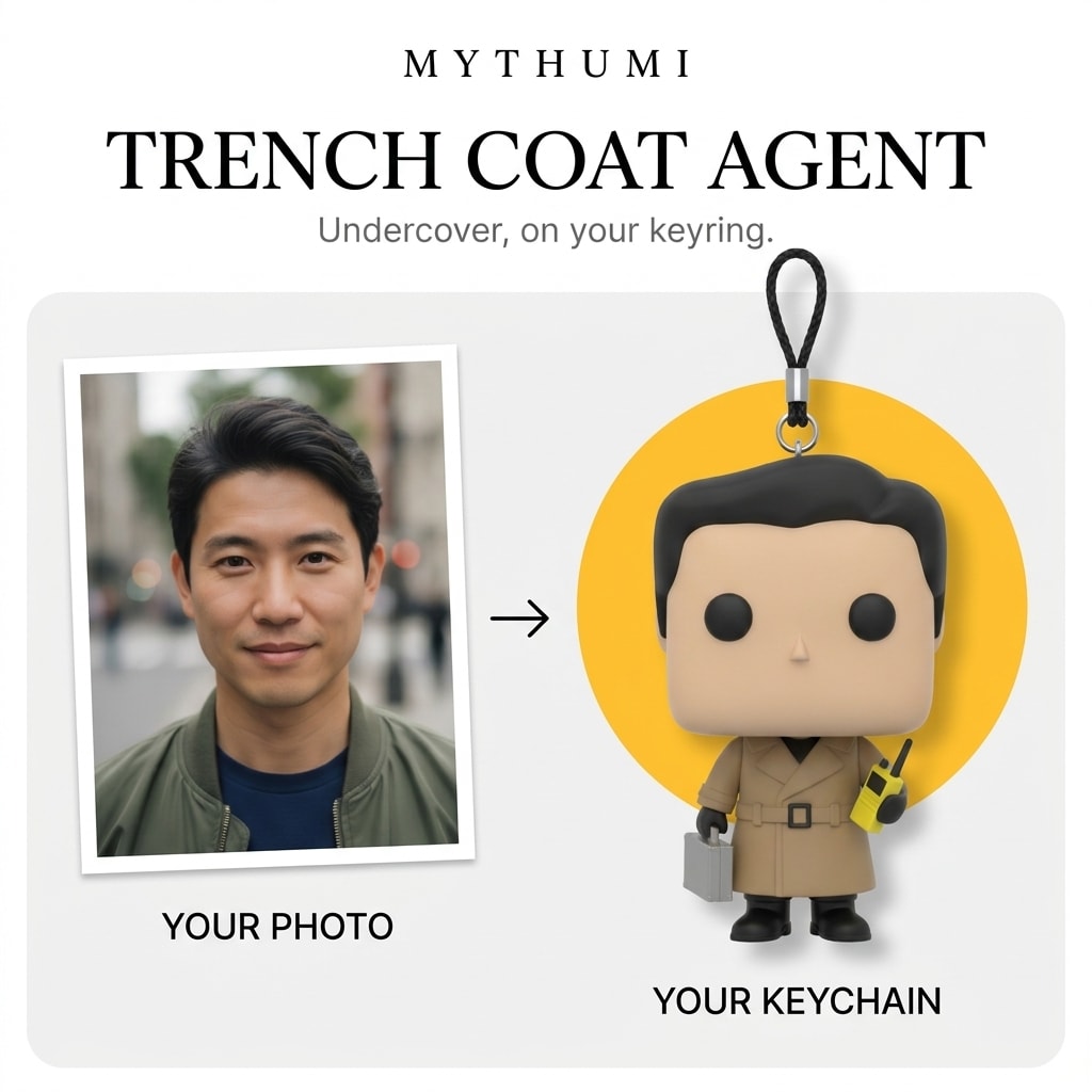 Illustration: before-and-after poster of a photo becoming a trench coat agent block-head keychain