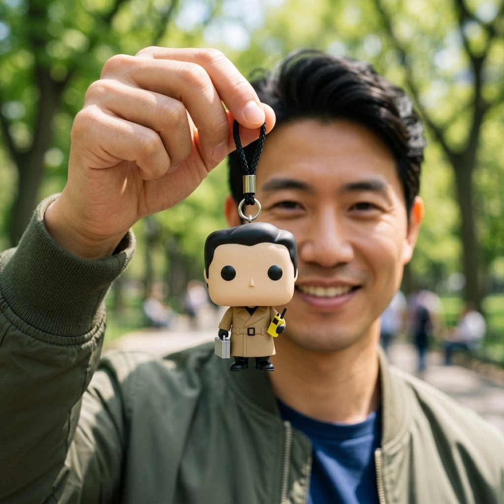 Illustration: a person holding up their trench coat agent block-head keychain by its cord